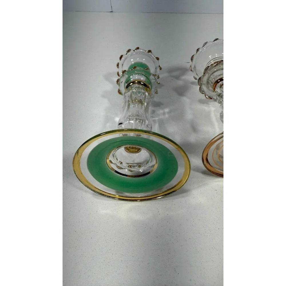 Vintage Murano Style Glass Candlestick Holders Set of 3 Gold Trim Green Clear